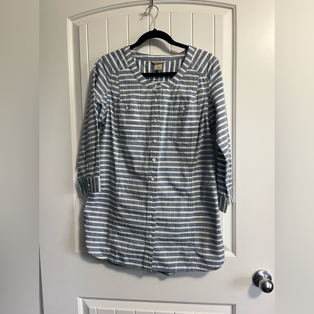 Duluth Trading Co Blue and White Striped Button Tunic